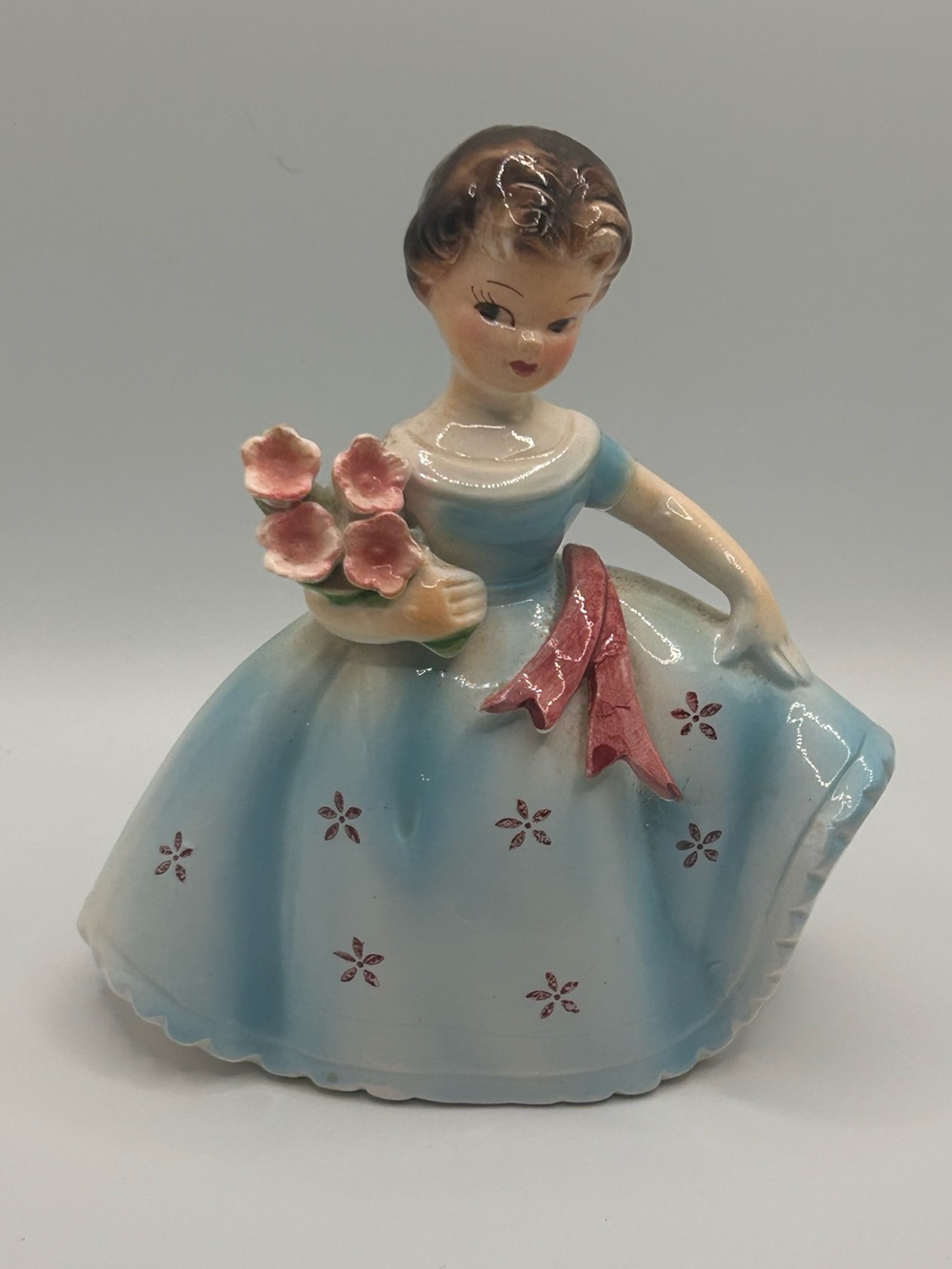 Vintage ESD Japan Lady Figurine with Flowers | Blue Dress Porcelain Girl